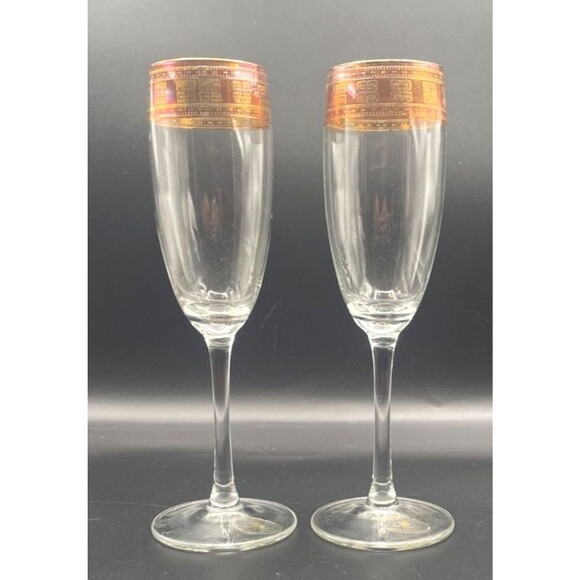 Set Of 2 Murano J Preziosi Glasses Flutes with Gold Greek Key Rim Italy - Picture 11 of 13